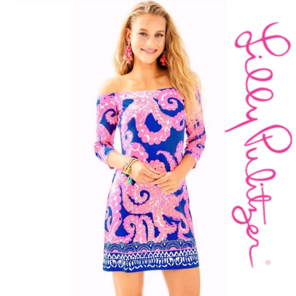 Lilly Pulitzer larana Ikat xs blue mocean octopus squid off the shoulder dress